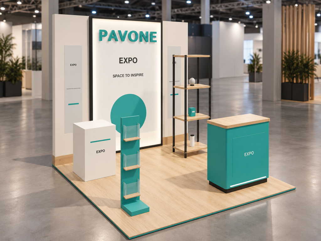 Stand Welcome Alba 3×3 m: visualizzazione fotorealistica AI illustrativa, non fotografia di uno stand realizzato
