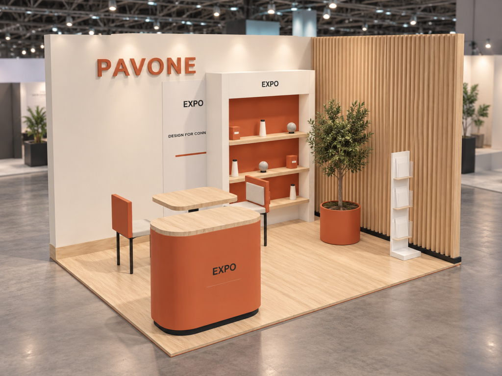 Stand Corner Materia 4×3 m: visualizzazione fotorealistica AI illustrativa, non fotografia di uno stand realizzato