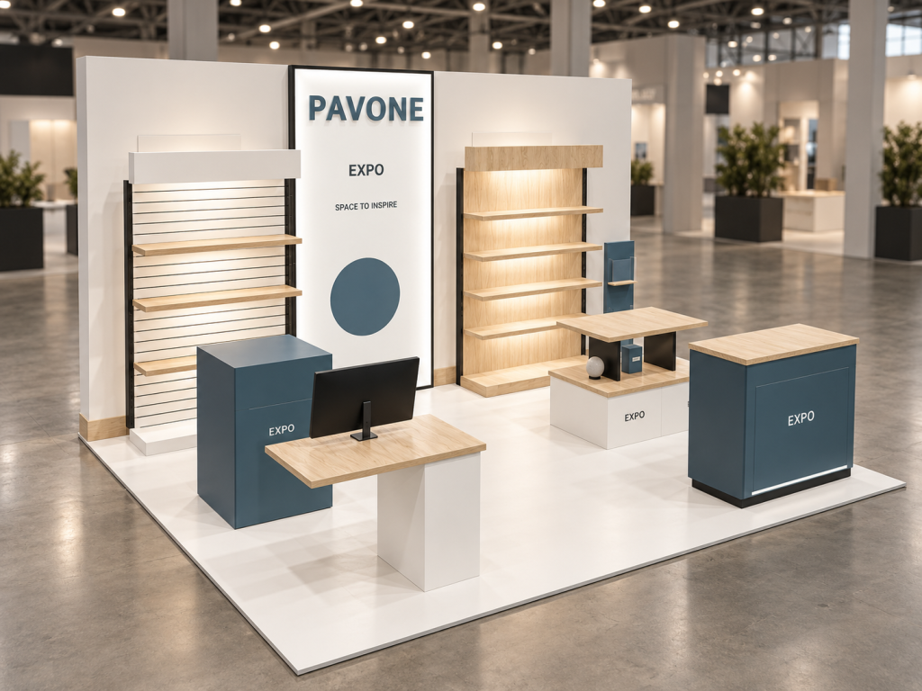 Stand Gallery Luce 5×4 m: visualizzazione fotorealistica AI illustrativa, non fotografia di uno stand realizzato
