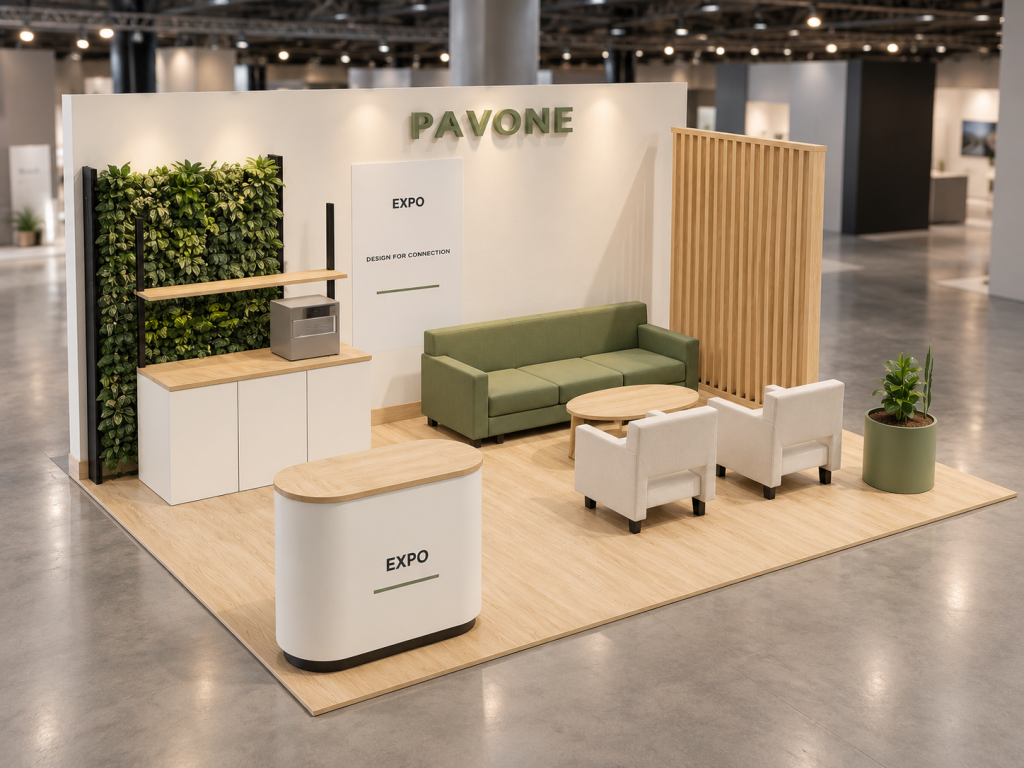 Stand Lounge Verde 6×4 m: visualizzazione fotorealistica AI illustrativa, non fotografia di uno stand realizzato