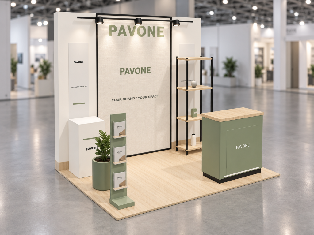 Stand Welcome Nido 3×2 m — visualizzazione fotorealistica AI