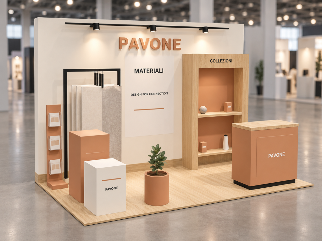 Stand Samples Linea 4×2 m — visualizzazione fotorealistica AI
