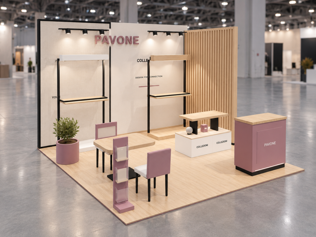 Stand Textile Seta 4×4 m — visualizzazione fotorealistica AI