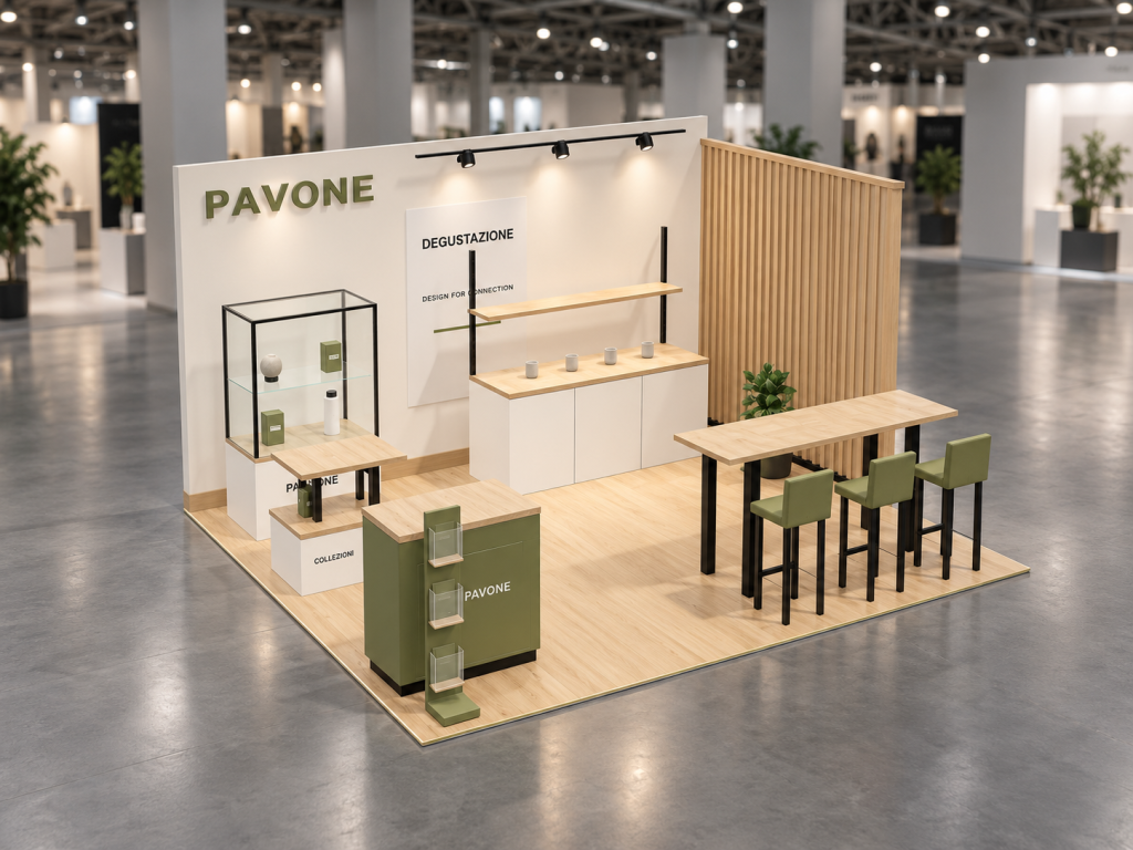 Stand Tasting Gusto 5×4 m — visualizzazione fotorealistica AI