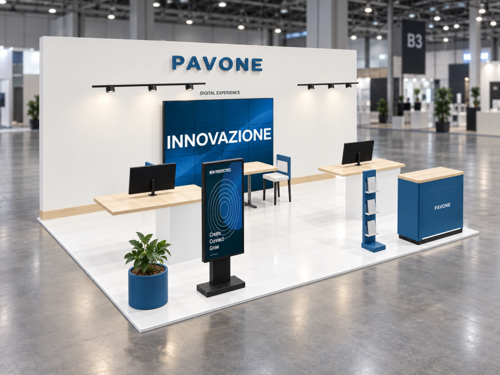 Stand Digital Tech 6×4 m — visualizzazione fotorealistica AI