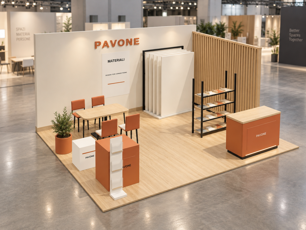 Stand Materiali Forma 6×5 m — visualizzazione fotorealistica AI