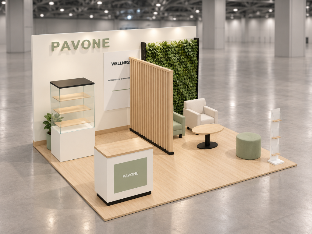 Stand Wellness Salute 5×4 m — visualizzazione fotorealistica AI