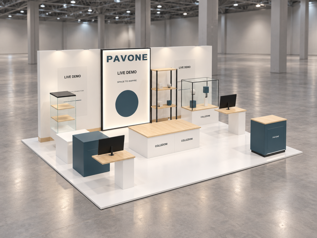 Stand Demo Motus 7×5 m — visualizzazione fotorealistica AI