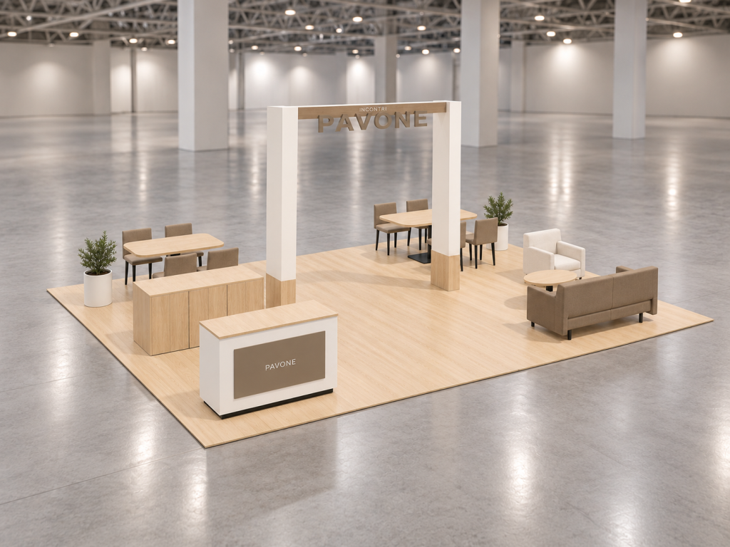Stand Incontri Agora 8×6 m — visualizzazione fotorealistica AI