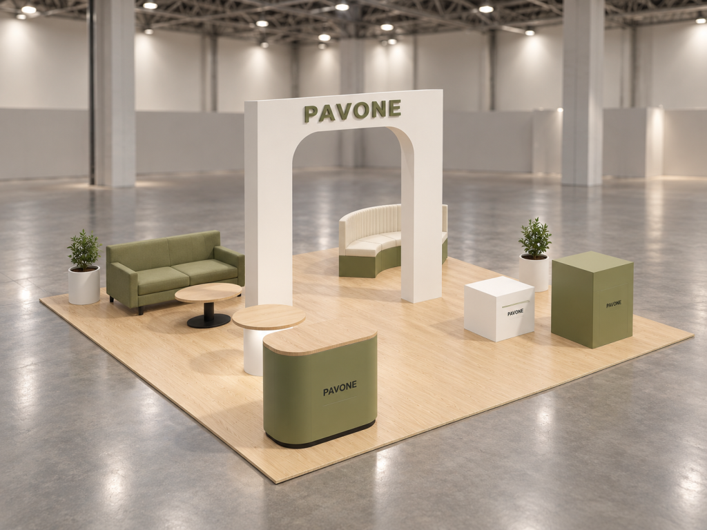 Stand Design Arco 6×6 m — visualizzazione fotorealistica AI