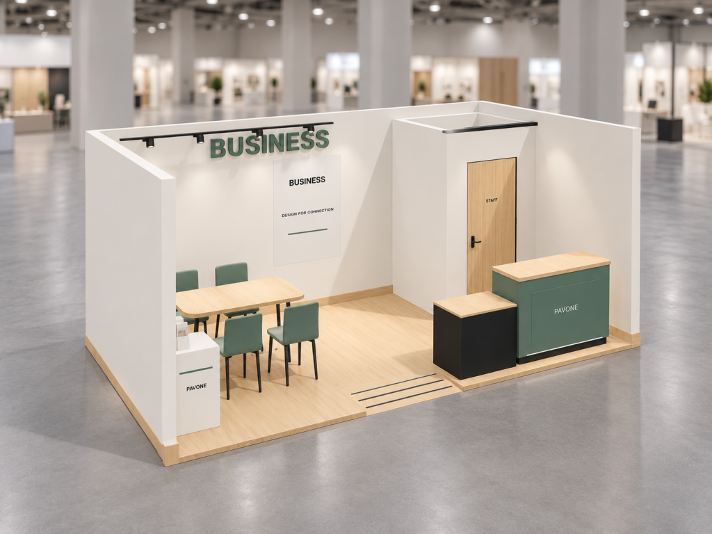 Stand Business Pratico 6×3 m — visualizzazione fotorealistica AI