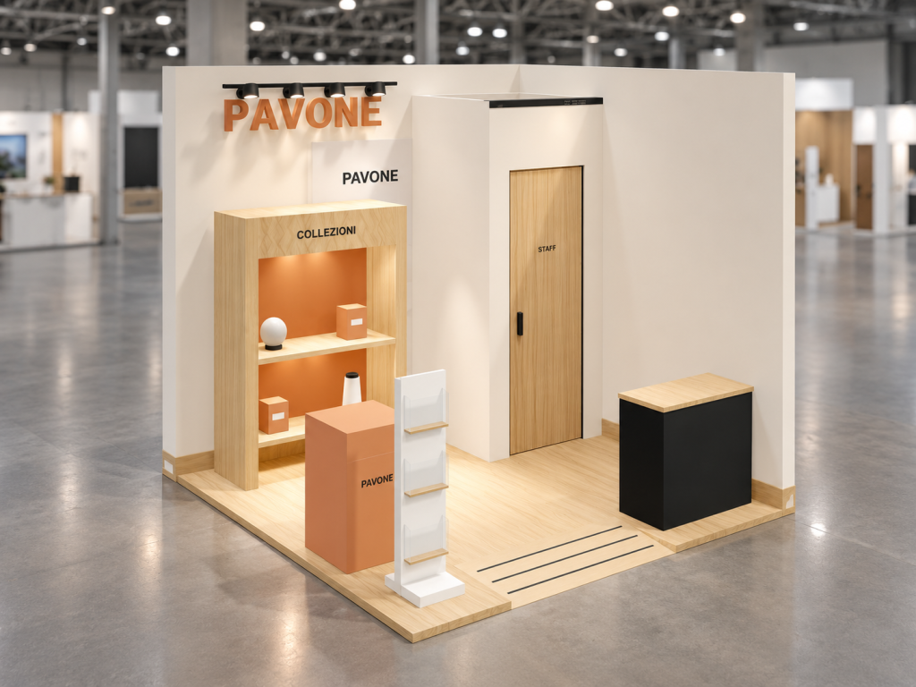 Stand Corner Compact 3×3 m — visualizzazione fotorealistica AI