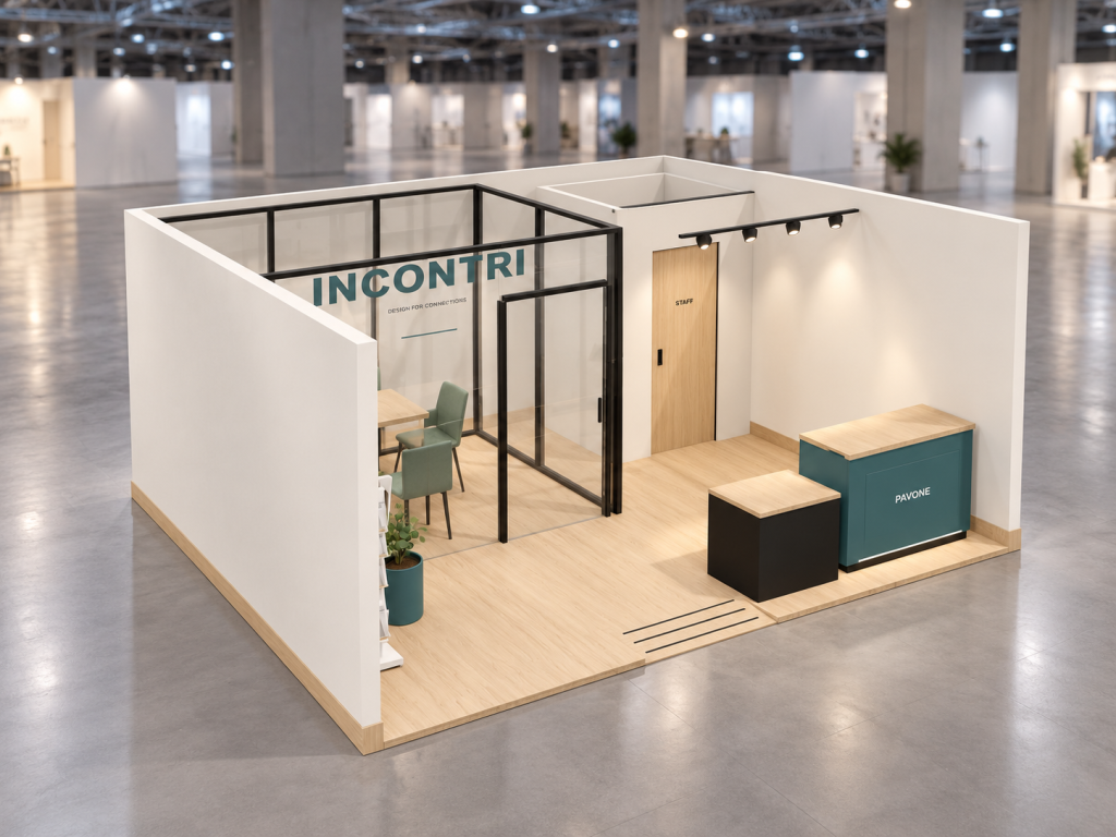 Stand Business Meeting 6×5 m — visualizzazione fotorealistica AI