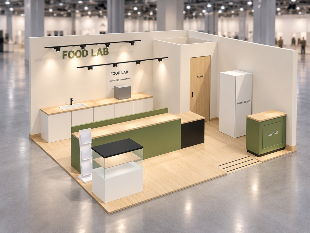 Stand Coffee & Food Lab 6×5 m — visualizzazione fotorealistica AI