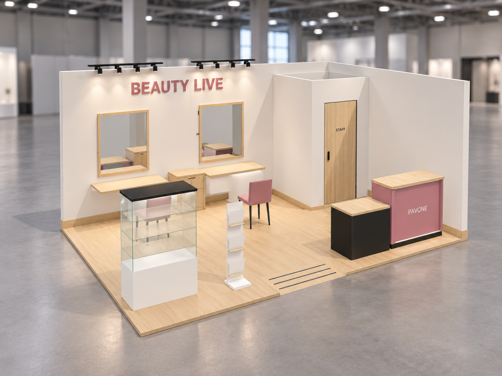 Stand Beauty Live 6×4 m — visualizzazione fotorealistica AI