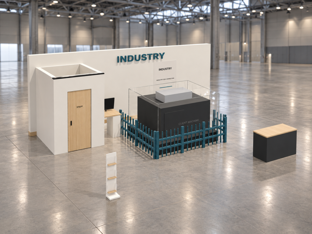 Stand Industry Machine 8×6 m — visualizzazione fotorealistica AI