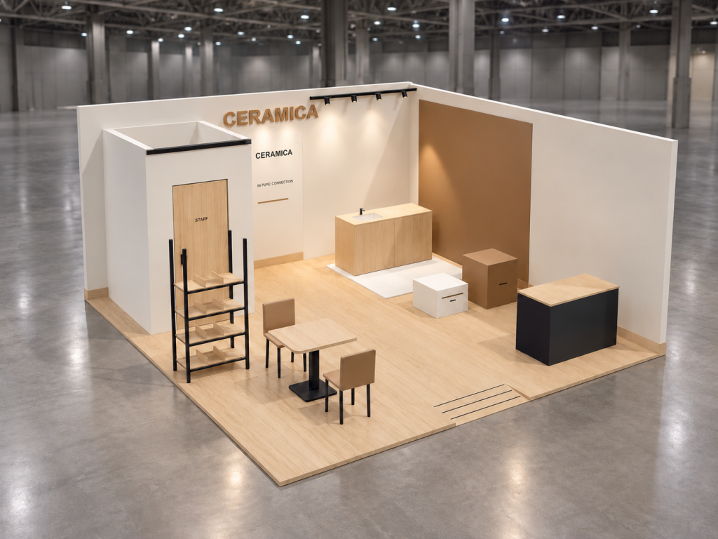 Stand Ceramica & Bagno Living 6×6 m — visualizzazione fotorealistica AI