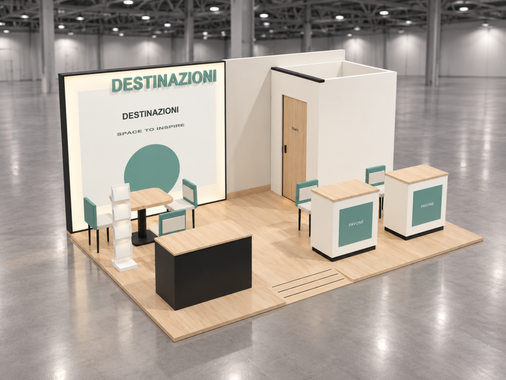 Stand Turismo & Hospitality 6×4 m — visualizzazione fotorealistica AI