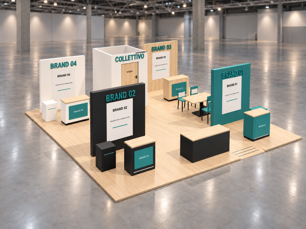Stand Collettivo Multi-brand 8×8 m — visualizzazione fotorealistica AI