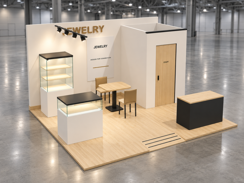 Stand Jewelry & Accessories 5×4 m — visualizzazione fotorealistica AI