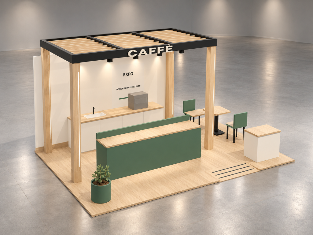 Stand Pergola Caffè 6×4 m — visualizzazione fotorealistica AI