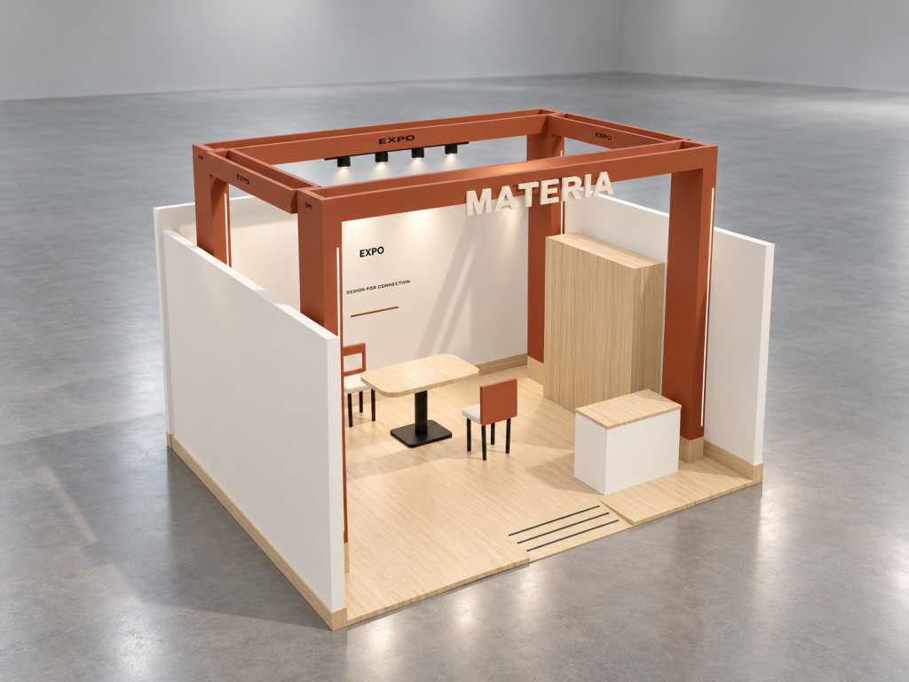 Stand Portale Materia 5×4 m — visualizzazione fotorealistica AI