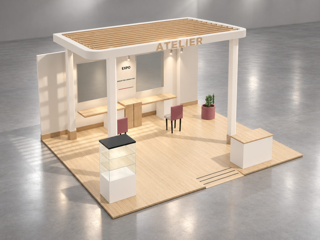 Stand Atelier Bellezza 6×5 m — visualizzazione fotorealistica AI