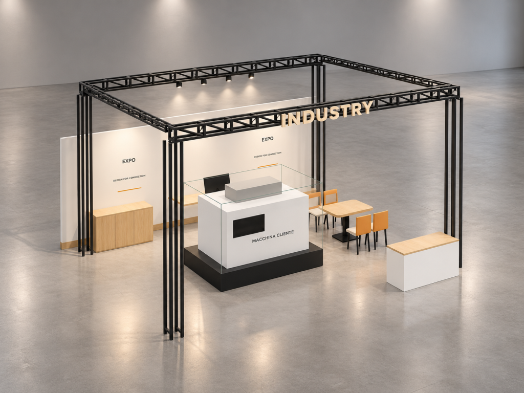 Stand Frame Industry 8×6 m — visualizzazione fotorealistica AI