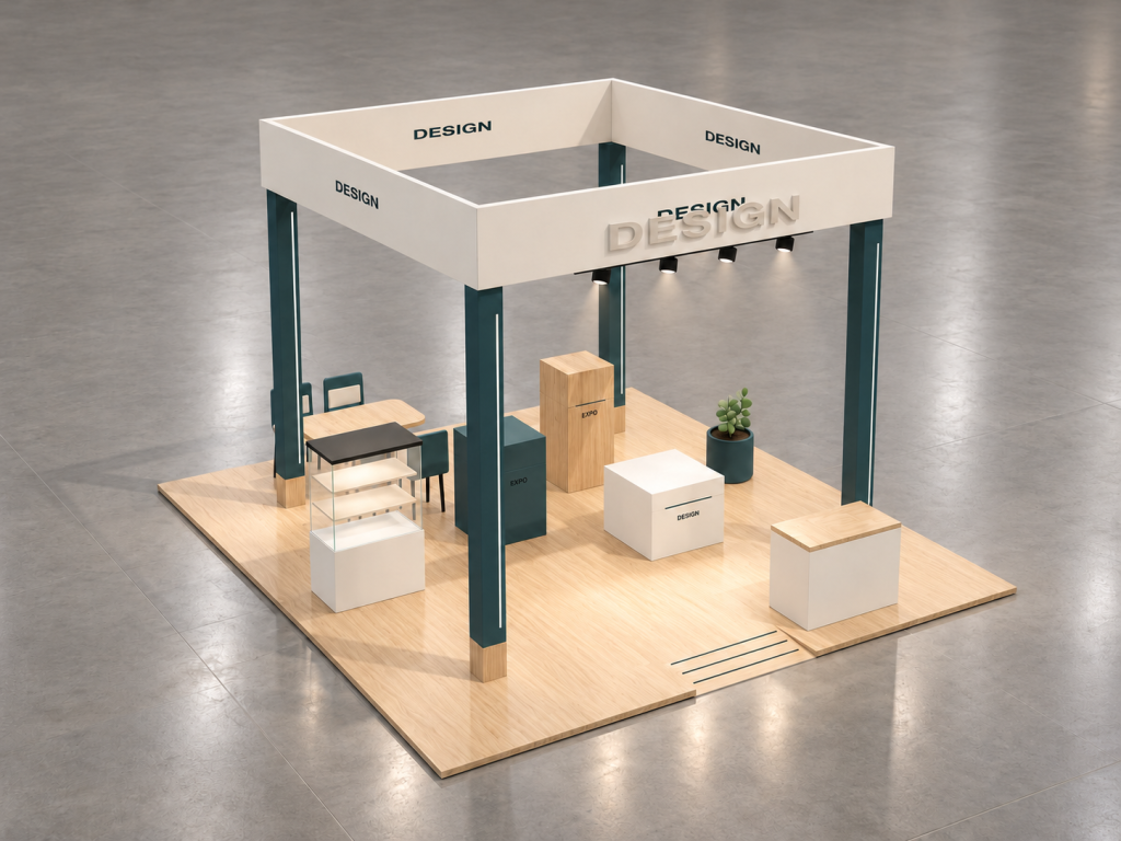 Stand Lanterna Design 6×6 m — visualizzazione fotorealistica AI