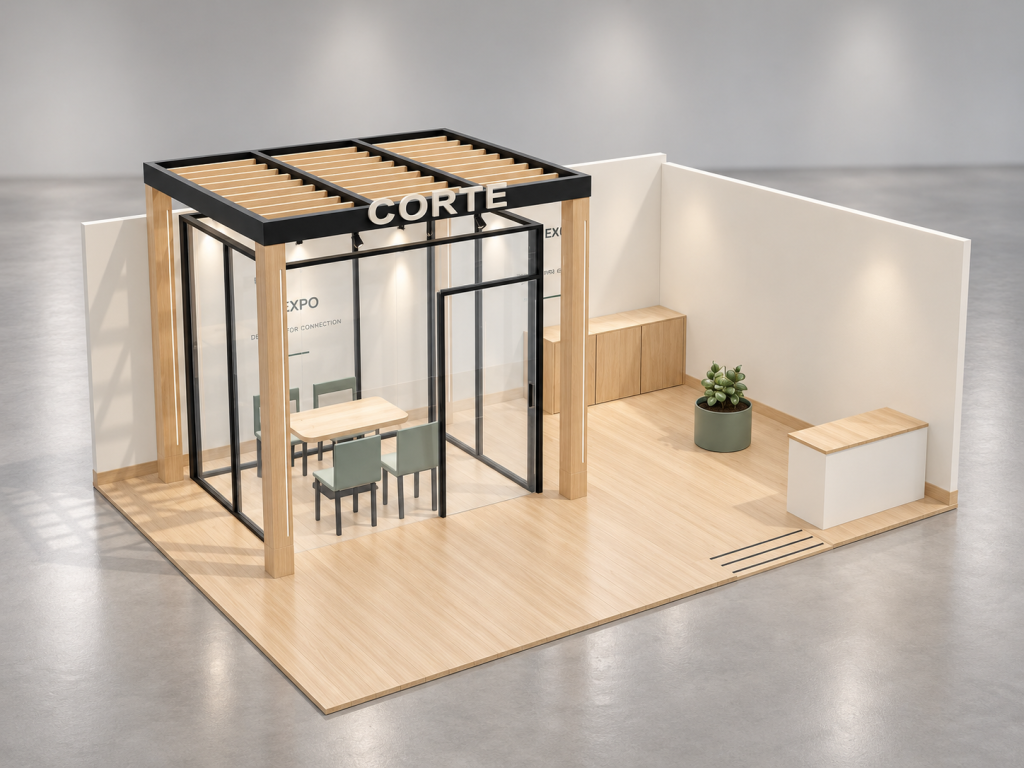 Stand Corte Meeting 7×5 m — visualizzazione fotorealistica AI