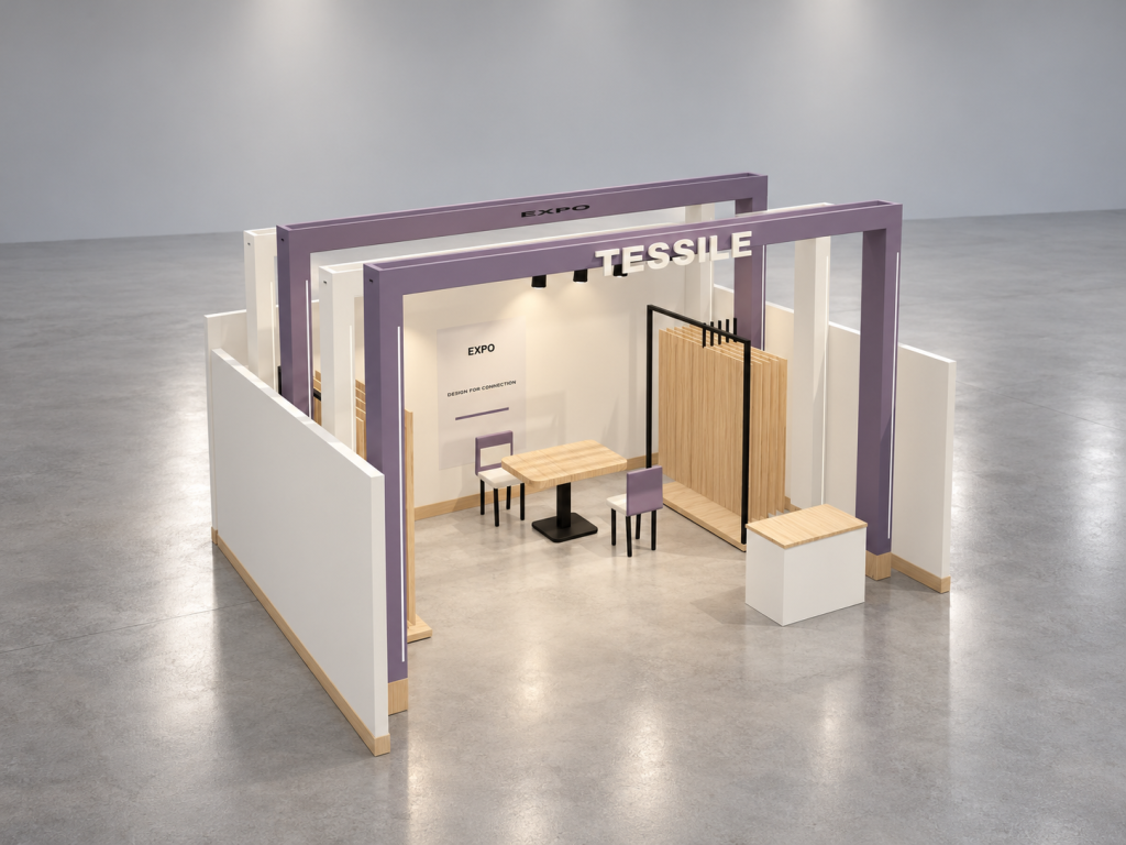 Stand Galleria Tessile 6×4 m — visualizzazione fotorealistica AI