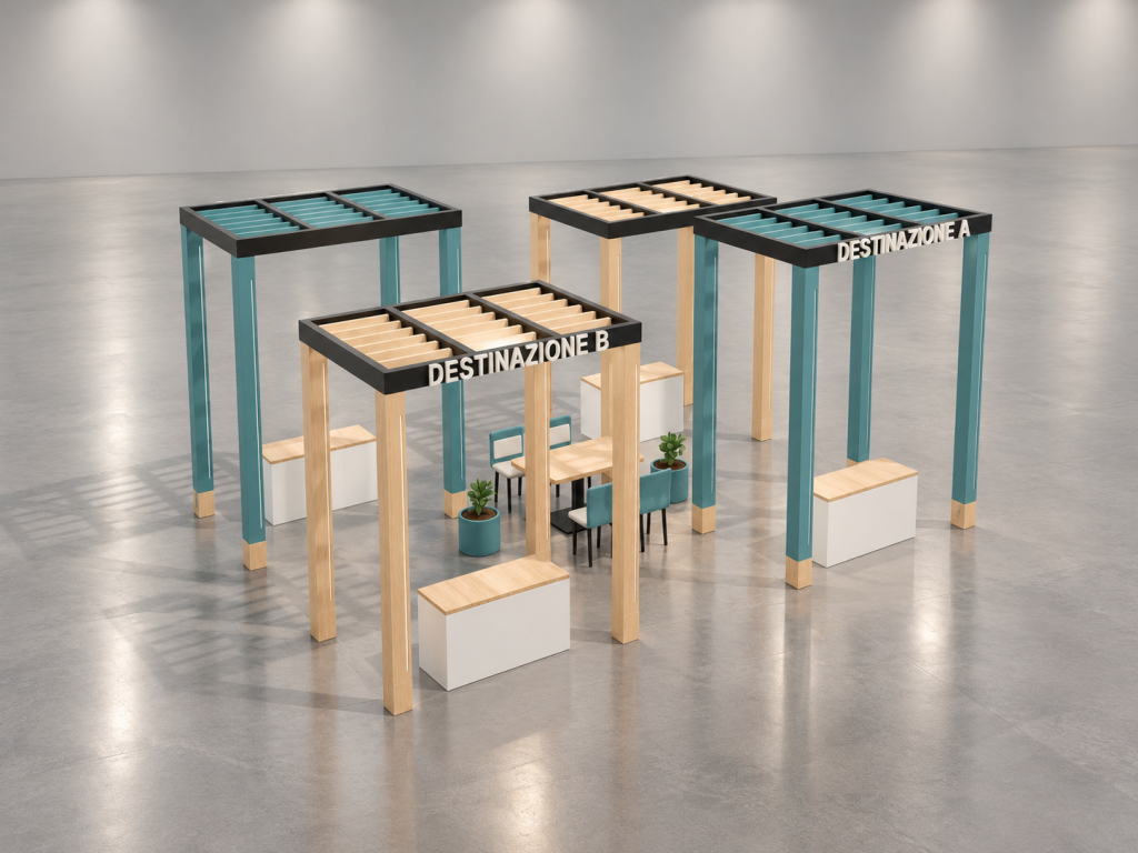 Stand Padiglione Destinazioni 8×6 m — visualizzazione fotorealistica AI