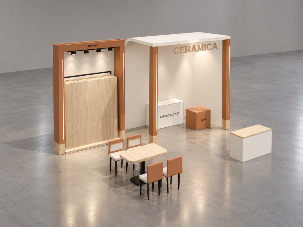 Stand Loggia Ceramica 6×5 m — visualizzazione fotorealistica AI