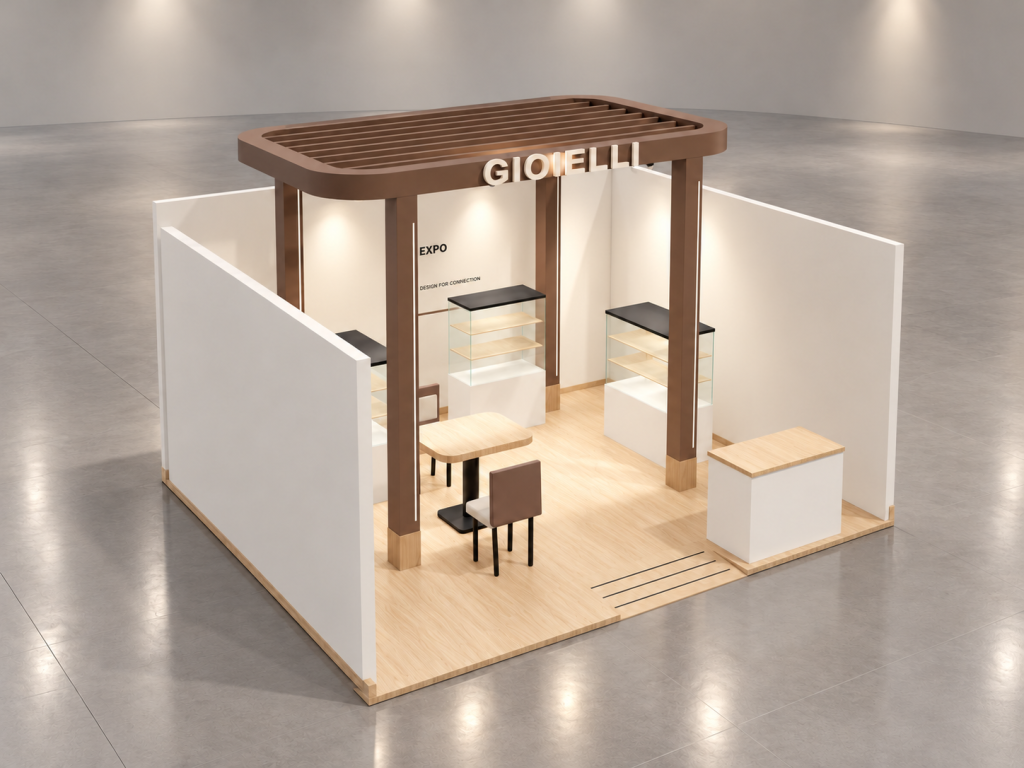Stand Vetrina Gioielli 5×4 m — visualizzazione fotorealistica AI
