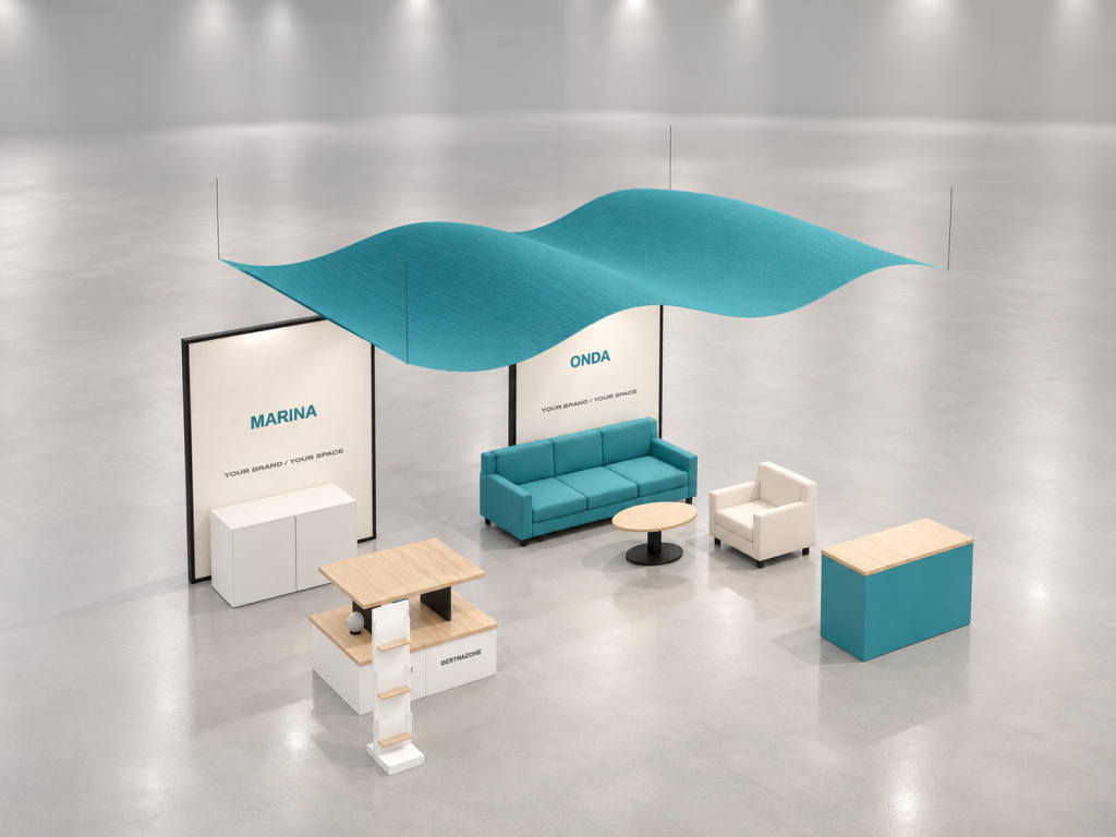 Stand Onda Marina 6×5 m — visualizzazione fotorealistica AI