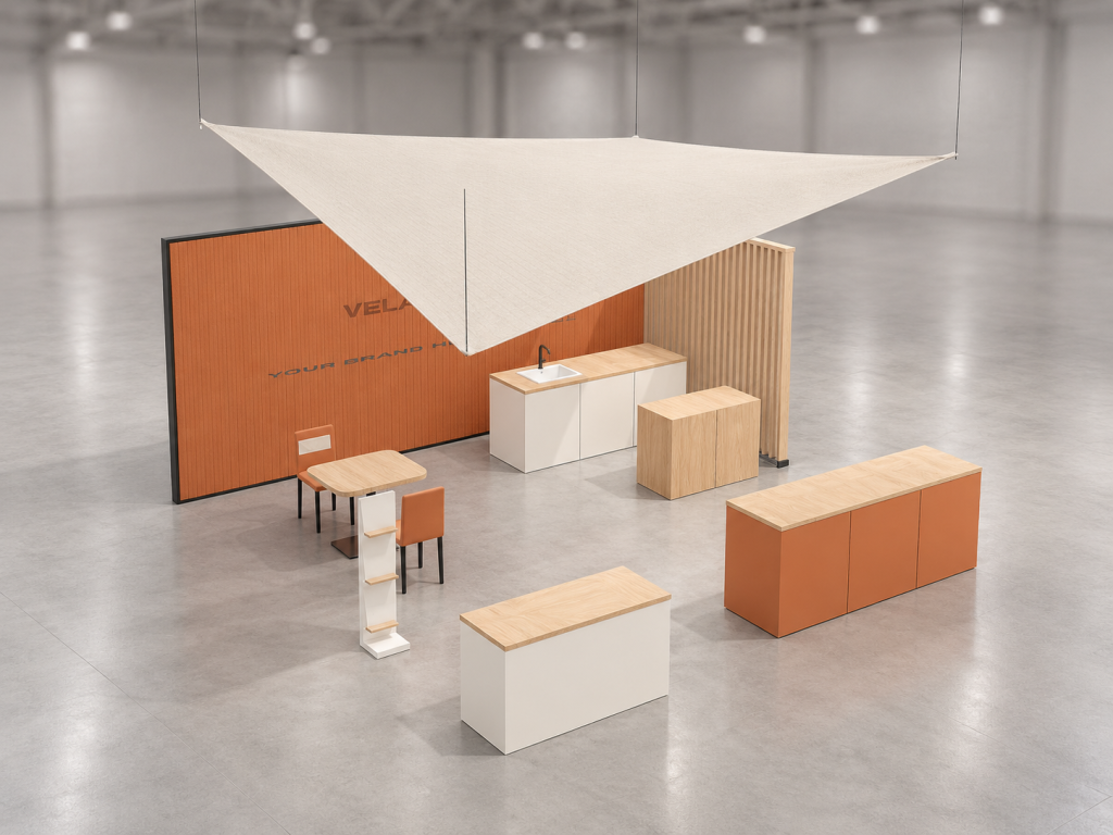 Stand Vela Gusto 6×6 m — visualizzazione fotorealistica AI