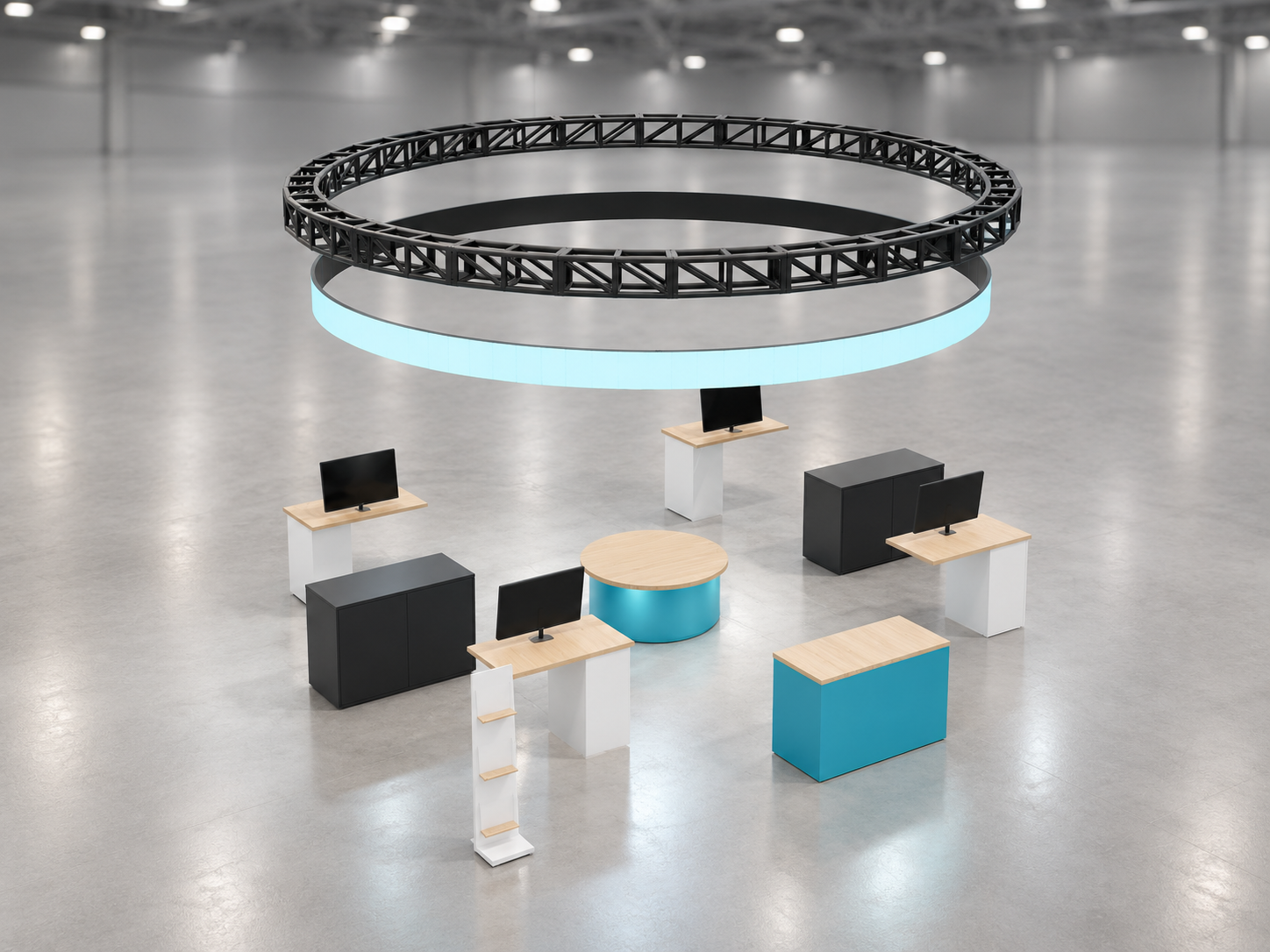 Stand Anello Futuro 7×7 m — visualizzazione fotorealistica AI