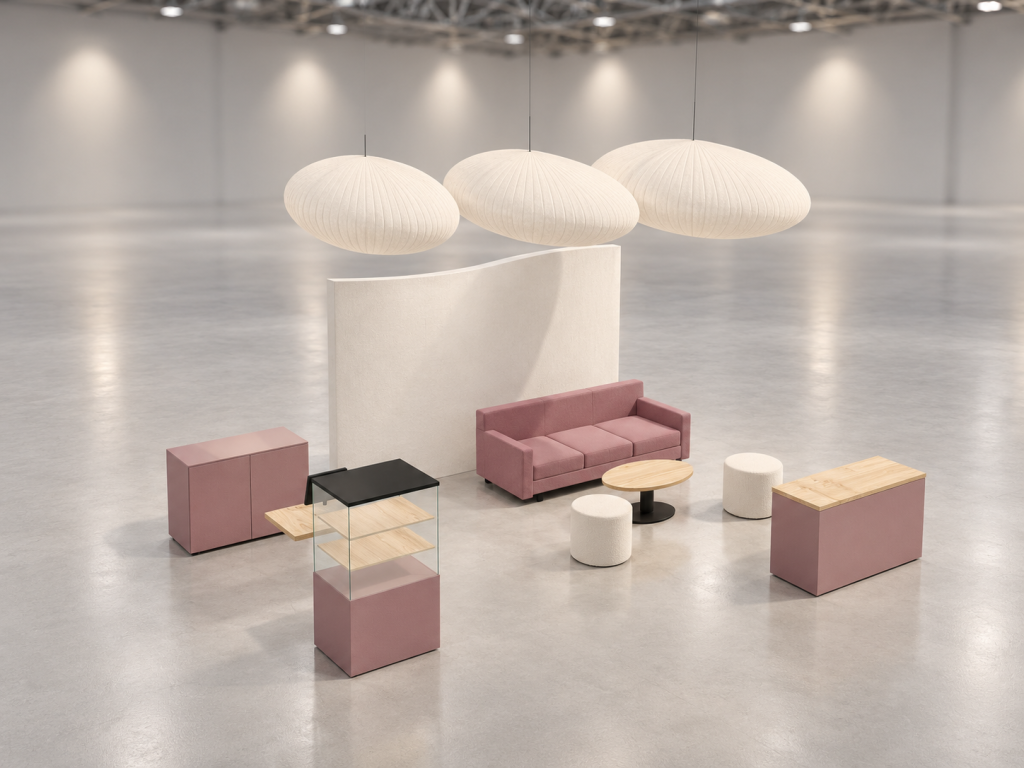 Stand Nuvole Wellness 6×5 m — visualizzazione fotorealistica AI