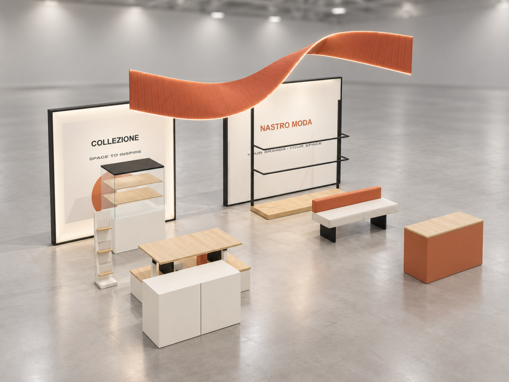 Stand Nastro Moda 7×5 m — visualizzazione fotorealistica AI