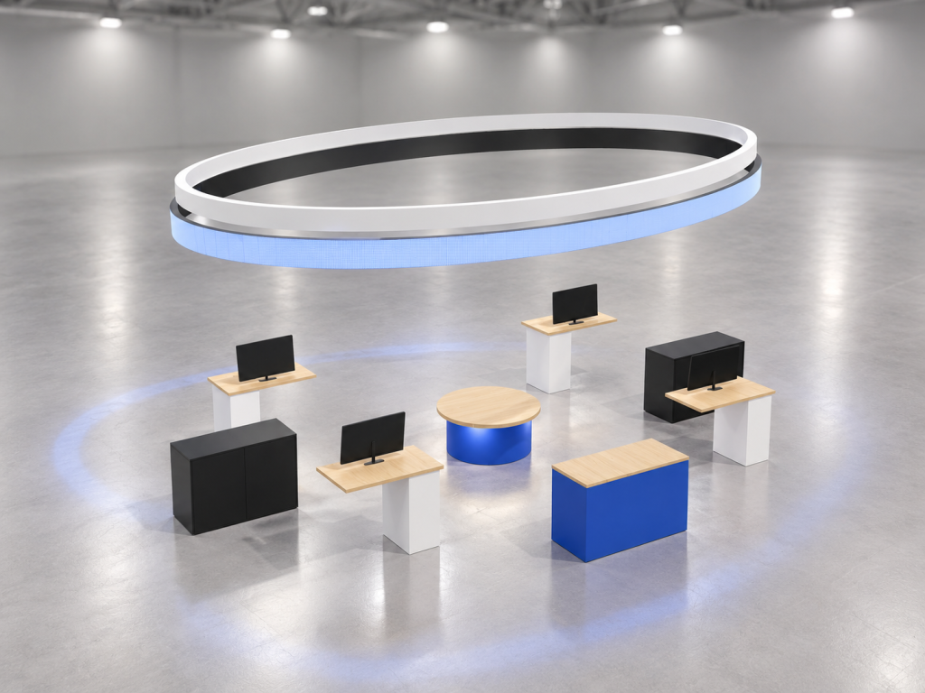 Stand Orbita Tech 8×6 m — visualizzazione fotorealistica AI
