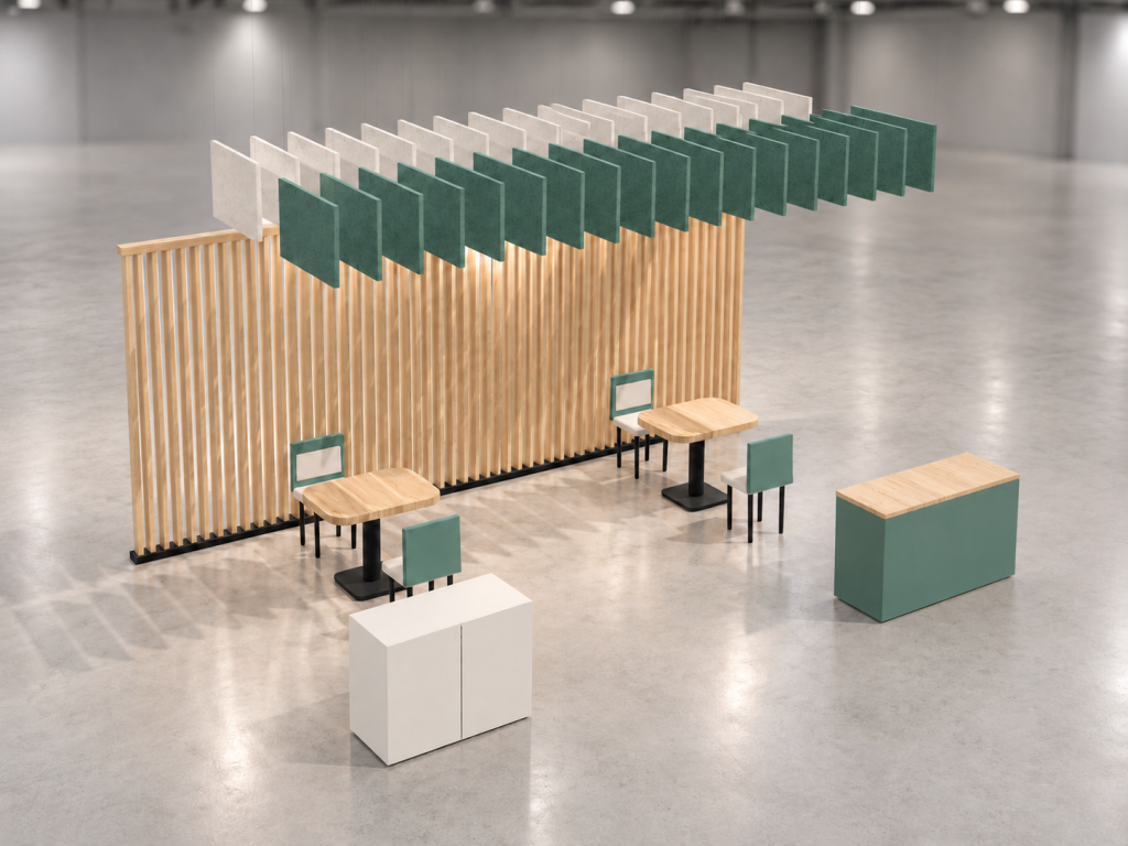 Stand Onde Acustiche 6×4 m — visualizzazione fotorealistica AI
