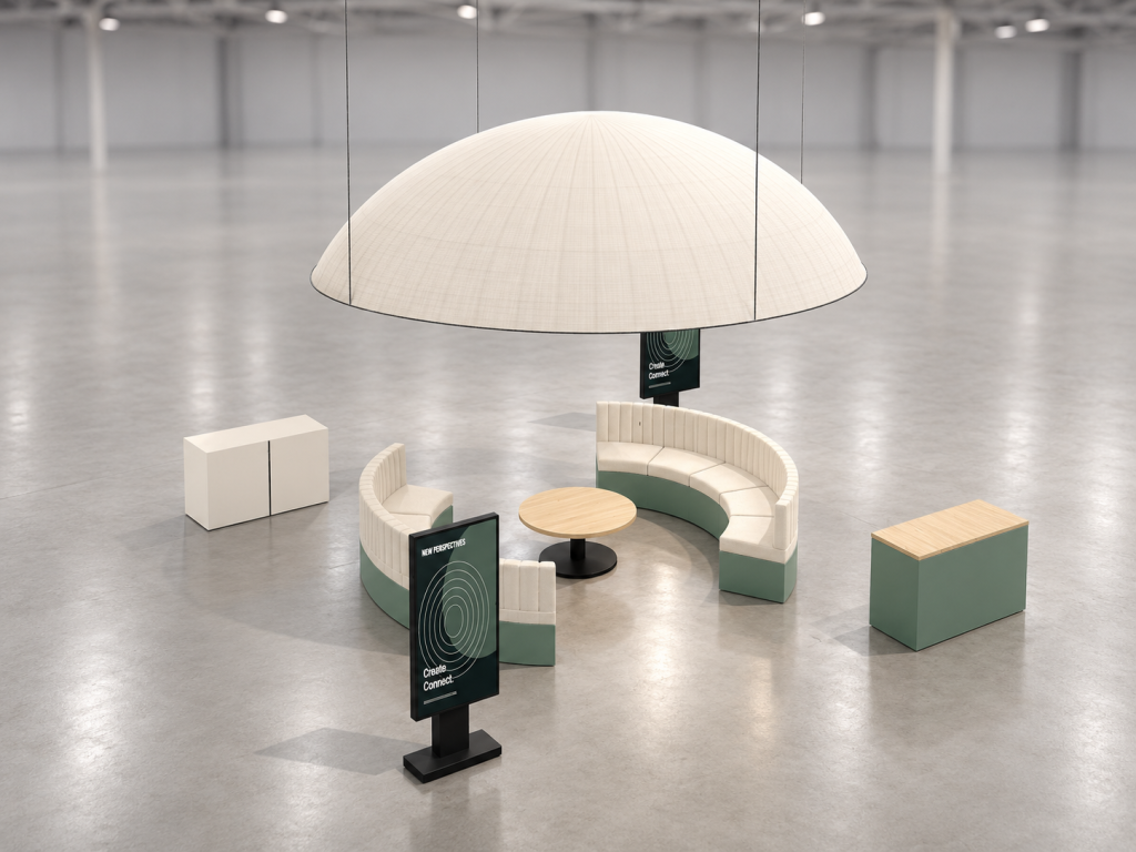 Stand Cupola Incontri 7×7 m — visualizzazione fotorealistica AI