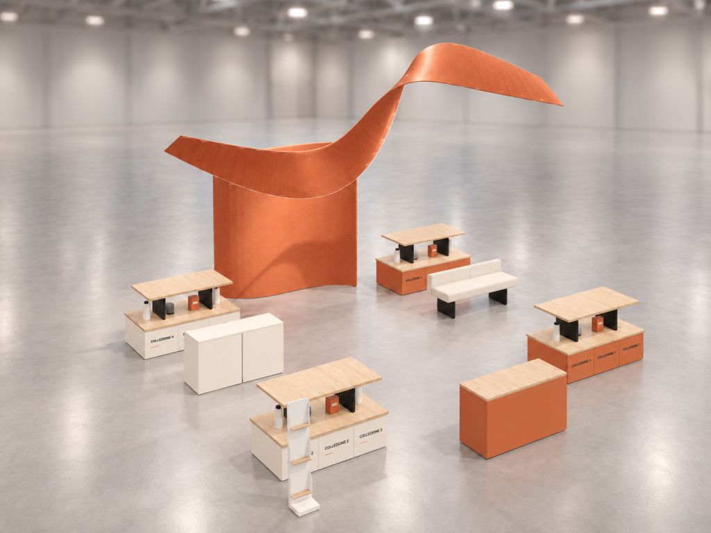 Stand Spirale Brand 8×8 m — visualizzazione fotorealistica AI