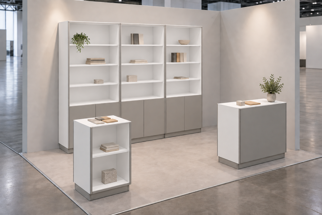 Composizione Stand Mini 6 su misura - Visualizzazione illustrativa AI in ambiente