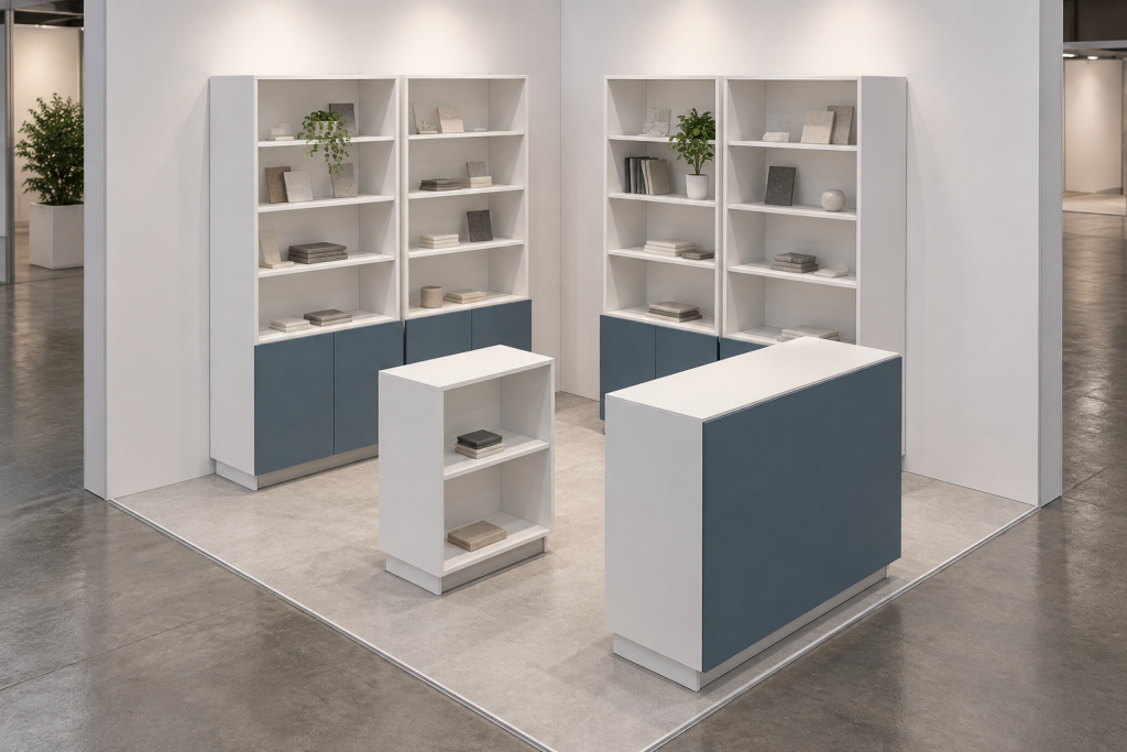 Composizione Stand Corner 9 su misura - Visualizzazione illustrativa AI in ambiente