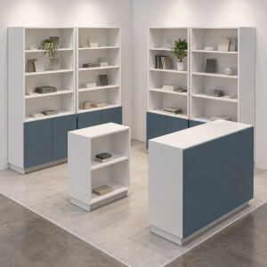 Composizione Stand Corner 9 su misura - Visualizzazione illustrativa AI in ambiente
