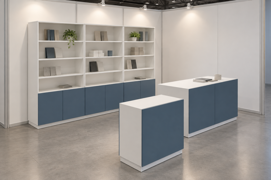 Composizione Stand Demo 12 su misura - Visualizzazione illustrativa AI in ambiente