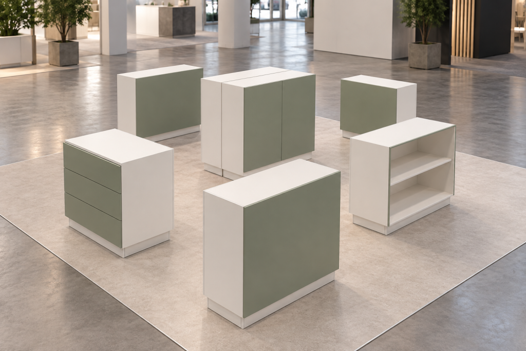 Composizione Stand Island 36 su misura - Visualizzazione illustrativa AI in ambiente